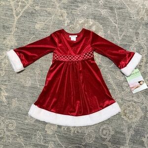 Bonnie Jean Red Velvet w/ Sparkles Holiday Dress with White Faux Fur Trim